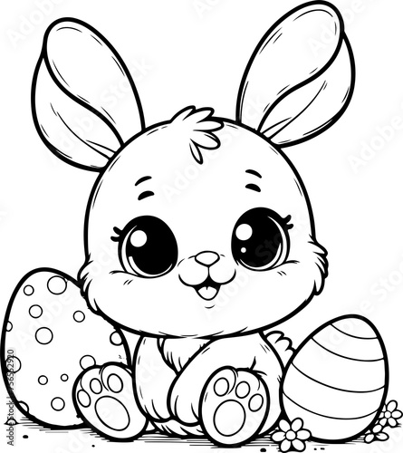 Un lapin de pâques avec oeufs  à colorier, dessin idéal pour livre coloriage enfant pendant les vacances. Dessin au trait