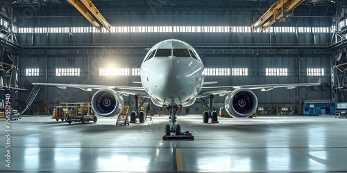 Aircraft being serviced in a hangar undergoing engine maintenance and repairs. Concept Aircraft Maintenance, Hangar, Engine Repairs, Aviation Technology, Service Operations