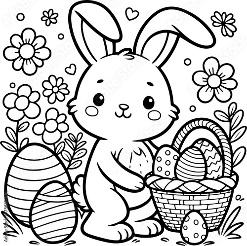 Un lapin de pâques et sa corbeille d'oeufs ainsi que des fleurs à colorier, dessin idéal pour livre coloriage enfant pendant les vacances. Dessin au trait.