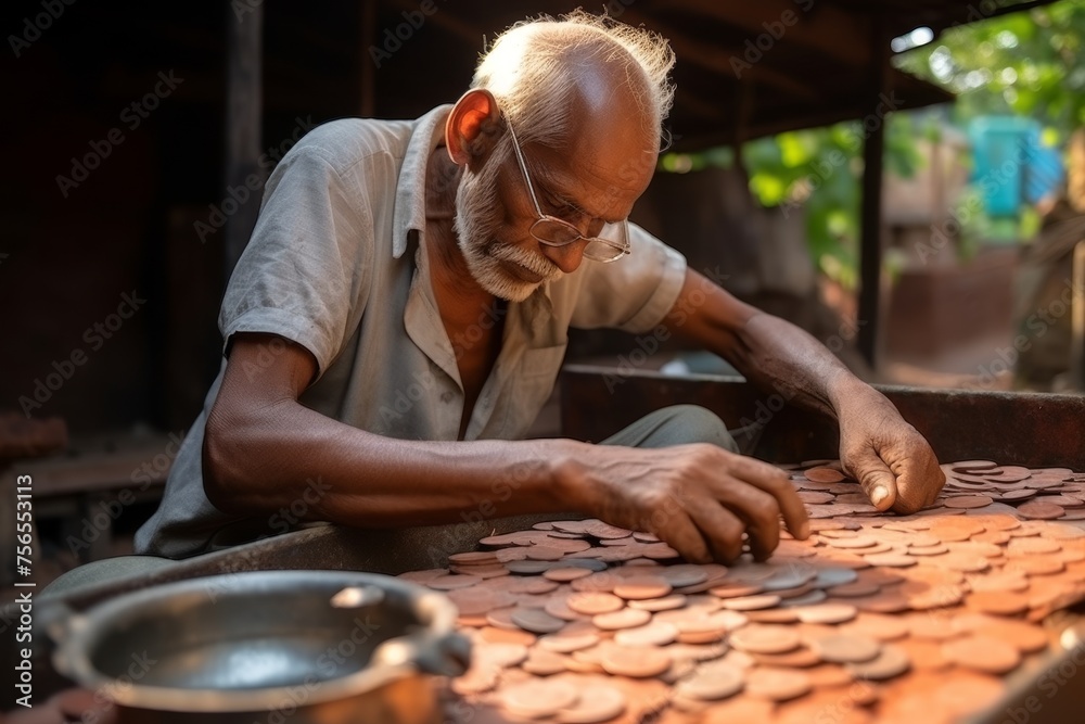 Elderly, impoverished man counting pennies to make ends meet in financial hardship