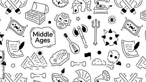 A trendy linear pattern depicting middle ages relics and historic elements 