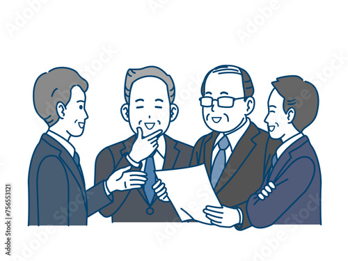 ミーティングで話し合う中年会社員の男性のイラスト