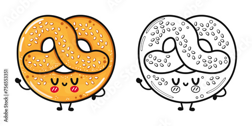 Funny cute happy French pretzel characters bundle set. Vector hand drawn cartoon kawaii character illustration icon. Cute French pretzel. Outline cartoon illustration for coloring book © Yevhen