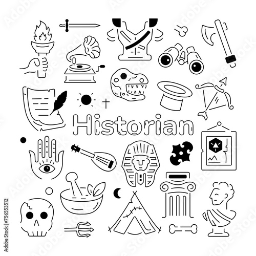A linear style art historian vector with various primitive and greek antique elements 