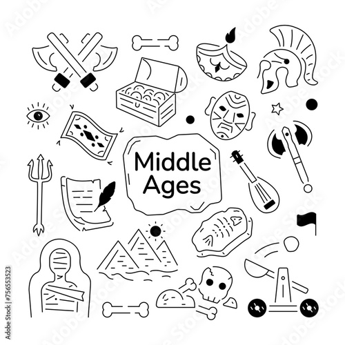 A linear style vector showing numerous historical artefacts, relics, and antiques pieces 