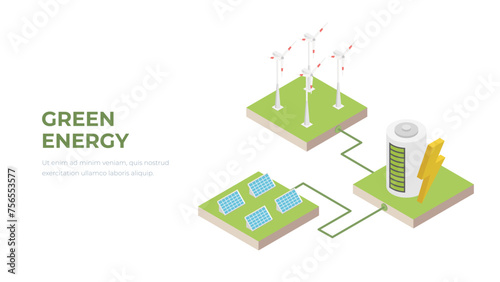 Alternative energy concept vector flat illustration. Isometric solar panels, windmills connected to battery charging with energy produced by sun and wind.
