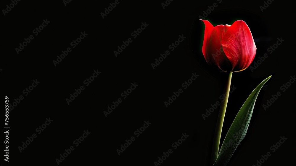 A single vibrant red tulip on a pure black background A single vibrant red tulip on a pure black background
