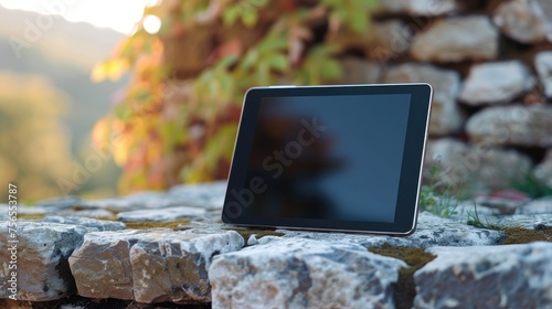 A sleek digital tablet displaying a blank screen on a smooth