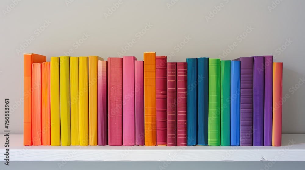 A perfectly aligned set of colorful hardcover books on a crisp white shelf A perfectly aligned set of colorful hardcover books on a crisp white shelf