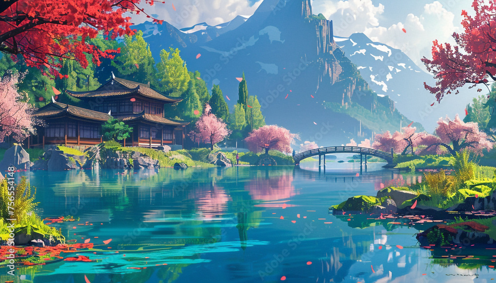 Beautiful Japanese landscape in the summer art