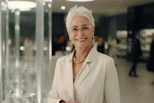 Stylish mature woman with gray hair shopping at upscale boutiques and trying on trendy glasses