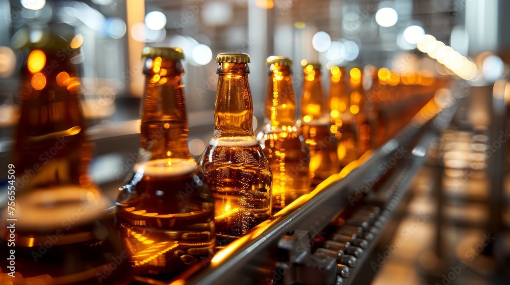 Bottles on a production line in a brewery with warm backlighting. Bottles on a production line in a brewery with warm backlighting.