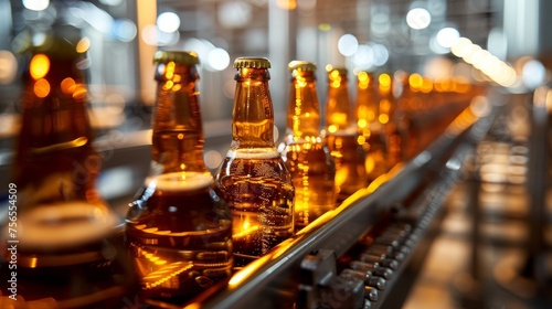 Bottles on a production line in a brewery with warm backlighting.