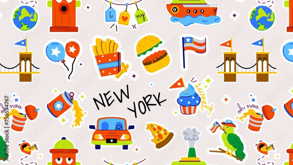 Seamless pattern showcasing nyc heritage, local food, city travel, and famous landmarks