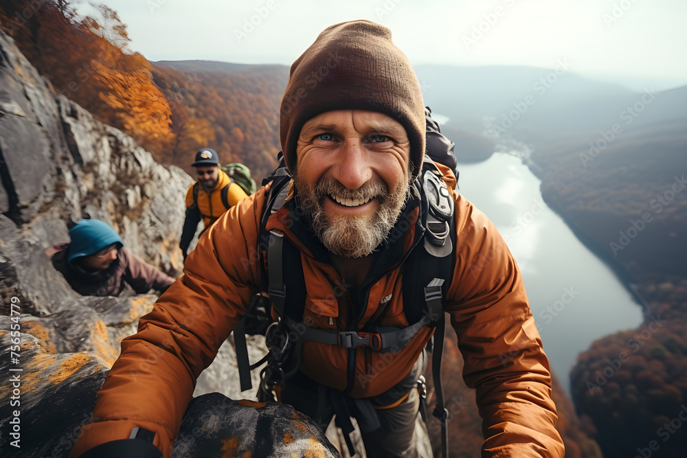 Man taking a selfie at mountain viewpoint while mountaineering