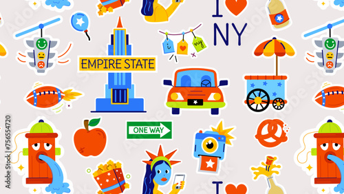 A flat seamless pattern showcasing new york culture, local food, city travel, and famous monuments