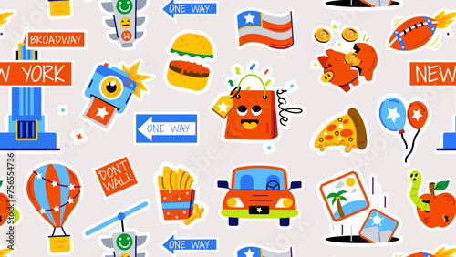 A flat new york pattern with various cultural elements, local food, city travel and famous monument 