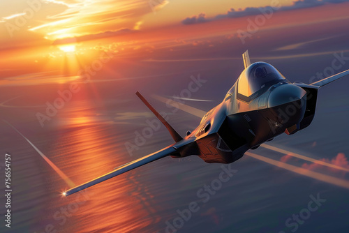 flying over the ocean at sunset jet fighter F22 with great speed. new technologies of military combat aviation concept photo