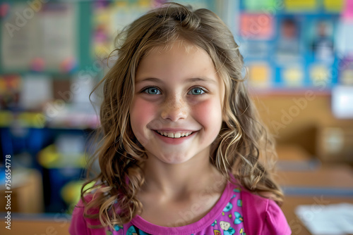 Happy blonde child with electric blue headband smiling in classroom
