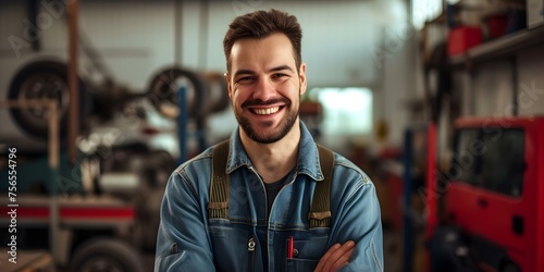 Happy mechanic in uniform smiling at the camera at his auto repair shop. Concept mechanic, uniform, auto repair shop, smiling, happy