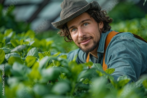 A cheerful young man with a hat working amongst lush green plants in a greenhouse