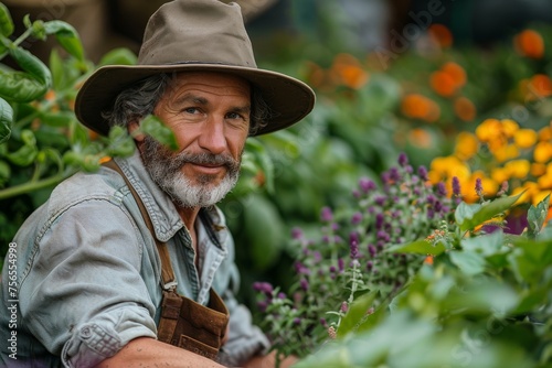 Senior man with a beard and hat smiling amongst colorful flowers in a garden