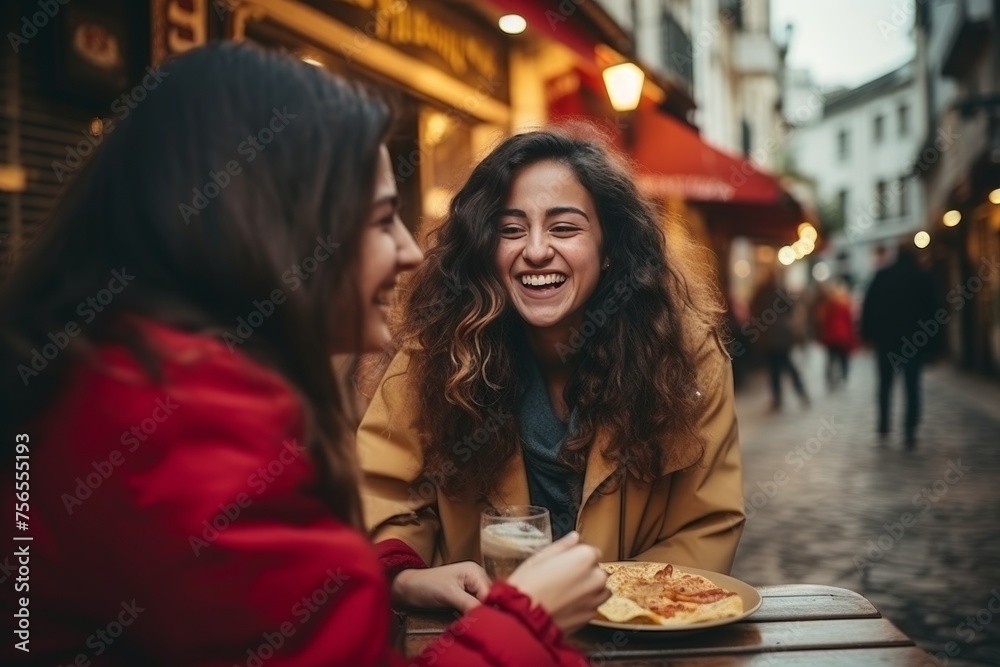Happy young female friends eating pizza outdoors in the city, smiling and laughing