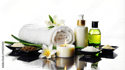 Serene Spa Setting with Frangipani Flowers, Soft Towels, and Natural Beauty Products. Elegant Spa Essentials Collection with Beauty Products and Natural Decor 