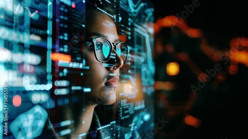 attractive woman programming futuristic software, digital technology & cyber security concept