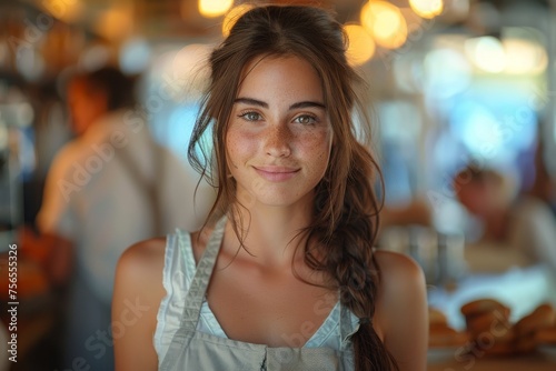 A radiant young woman with freckles smiling warmly in a brightly lit restaurant