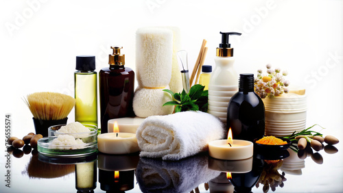 Elegant Spa Essentials Collection with Beauty Products and Natural Decor
 photo
