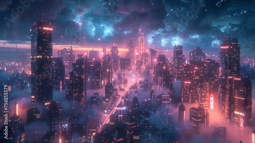 Neon lights illuminate a futuristic cyberpunk cityscape under a dusk sky.
