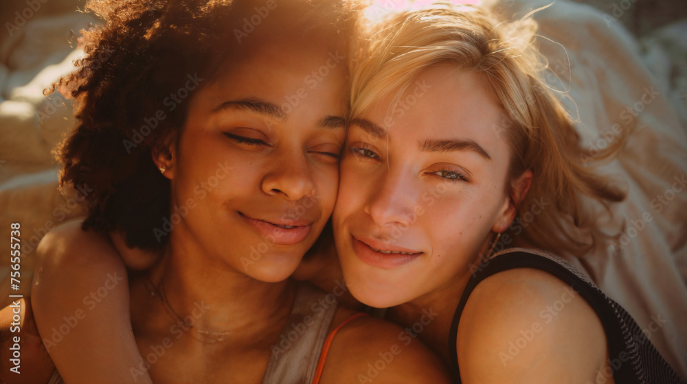 A lesbian couple enjoing a summer sunset Two young women smiling with closed eyes, enjoying a peaceful moment together. LGBTQ summer vacation A lesbian couple enjoing a summer sunset Two young women smiling with closed eyes, enjoying a peaceful moment together. LGBTQ summer vacation