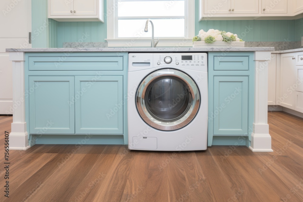 Modern kitchen in blue colors with built-in washing machine Modern kitchen in blue colors with built-in washing machine