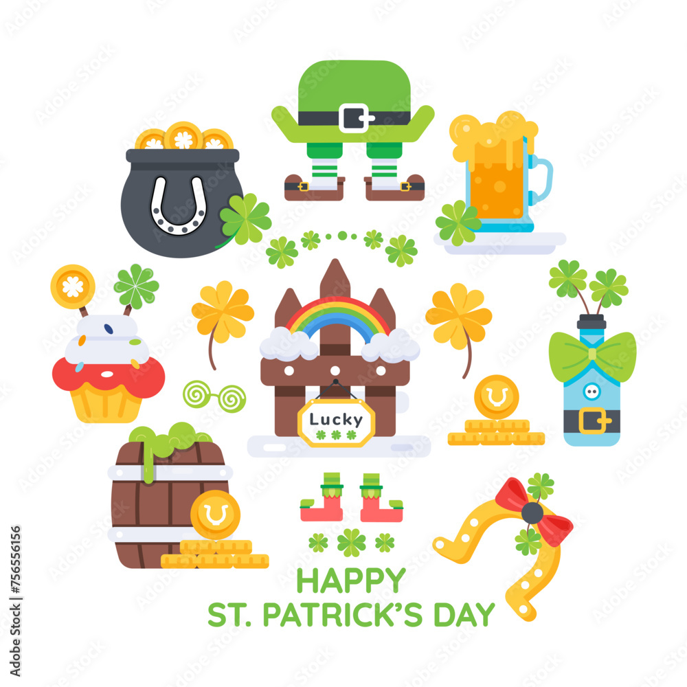 Fototapeta premium Flat vector of happy patrick day with various lucky charms, clover leaves, and gold coins 