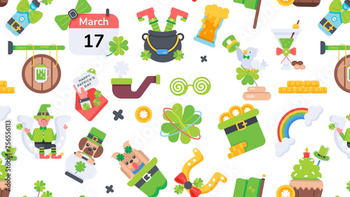 A seamless pattern depicting st patrick day elements, lucky charms, and characters 