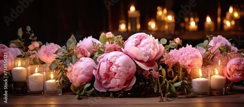 A beautiful arrangement of pink flowers and candles adorning a table, showcasing the art of floristry and creating a serene ambiance for the event photo
