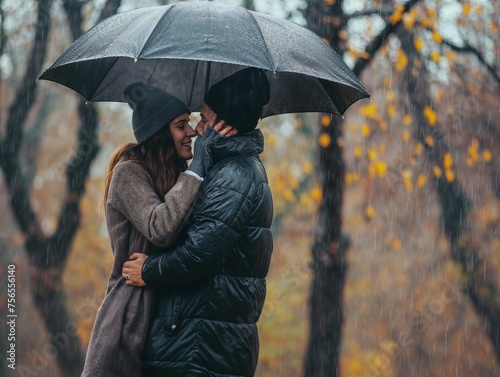Loving couple shares a warm embrace under an umbrella amidst the autumn rain