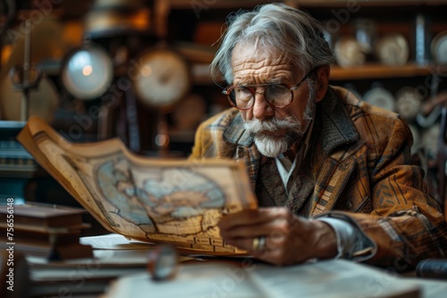 An elegantly dressed man engages with a vintage map in a room full of antiques, evoking nostalgia and curiosity