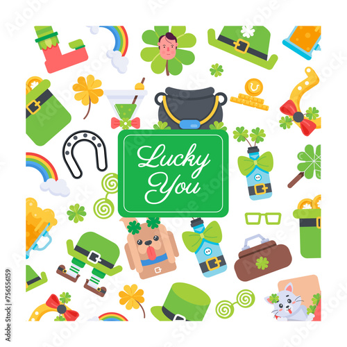A flat style lucky vector showing irish culture and st patrick day lucky charms 