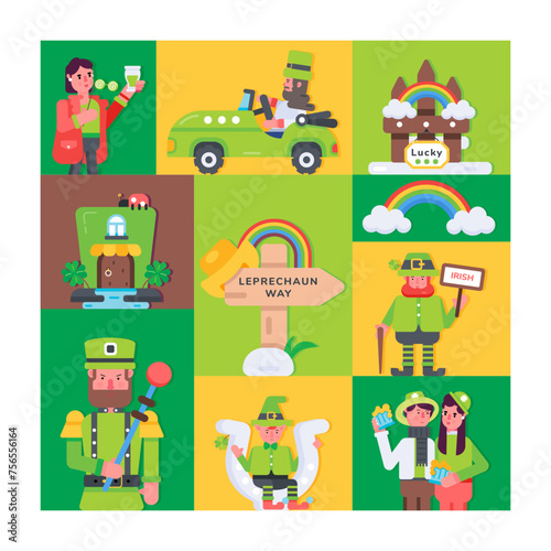 Leprechaun vector showing different irish characters and lucky charms 