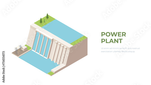 Hydroelectric power station. Clean energy and electricity concept. Water energy conversion, alternative hydroelectric, hydro turbine. Water power conversion station, dam on reservoir.