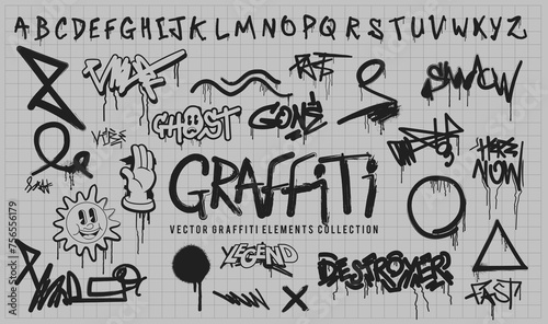 A vector series of graffiti elements with grunge texture tags, labels and letters. Vector illustration