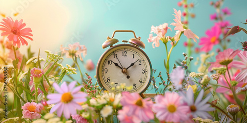 Daylight saving time concept. Summer time, winter time, changeover, switch of time. Seasonal spring or summer time. Clock as a timer for celebrations. Spring flowers with retro alarm clock