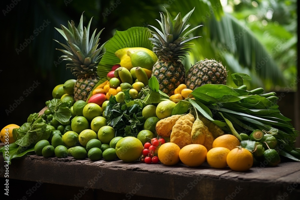 Fruit market with various colorful fresh fruits and vegetables. Healthy, wholesome food