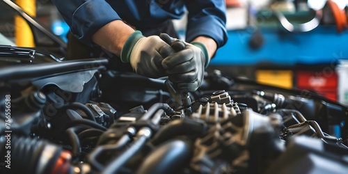 Expert mechanic diligently repairing a car engine by hand in a bustling auto repair shop. Concept Auto Repair, Car Engine, Mechanic, Shop Environment, Diligent Work