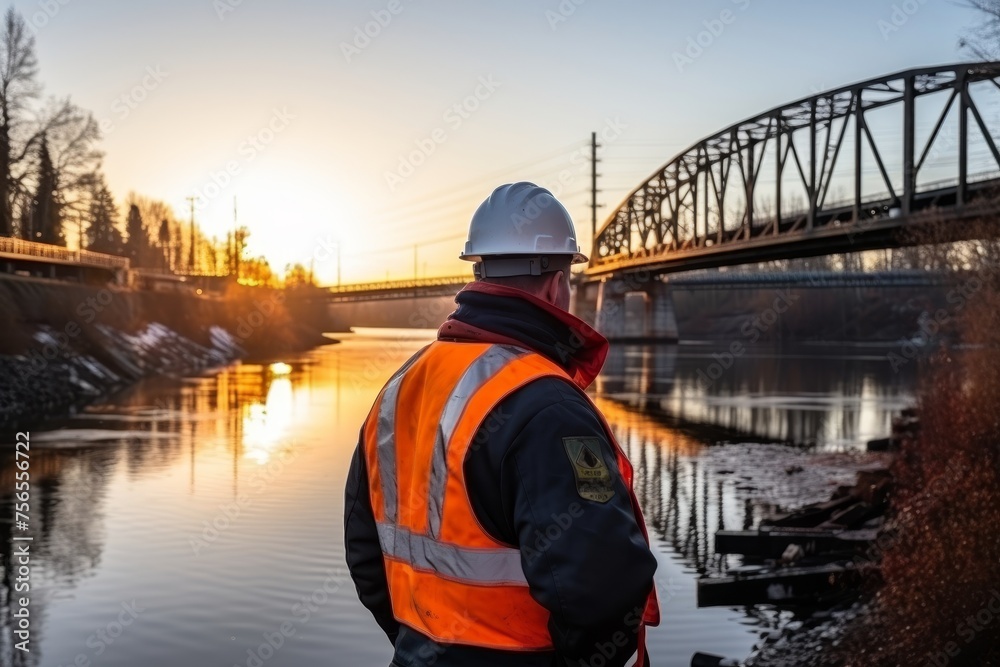 Rear view of a worker in hard hat who controls the reliability of a railway bridge across the river Rear view of a worker in hard hat who controls the reliability of a railway bridge across the river