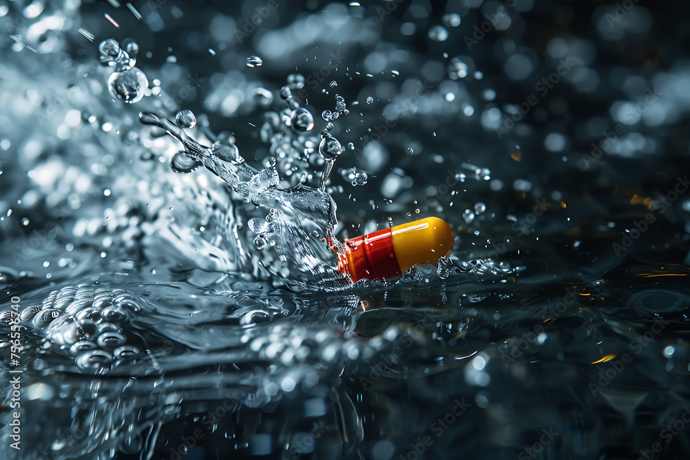 Red and yellow capsule sinks into the water, creating ripples - obrazy, fototapety, plakaty 
