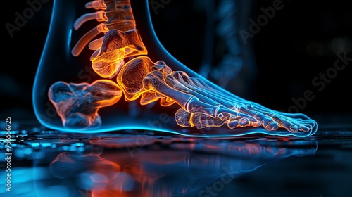 X-ray of human foot with glowing bones, 3D photo