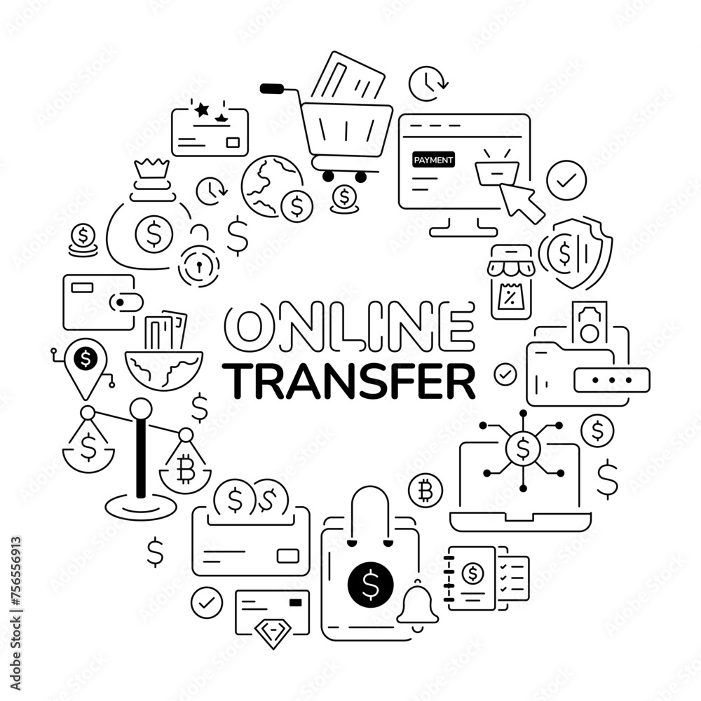Linear vector encompassing elements depicting online transfer and economy solutions 